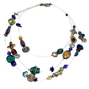 Chicos Art Glass Beaded Necklace Three Strand Lizard Fish Mermaidcore Teal Blue